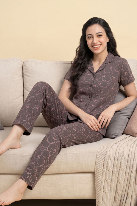Zivame Apple Print Knit Cotton Pyjama Set - Dark Gull Gray — image 4